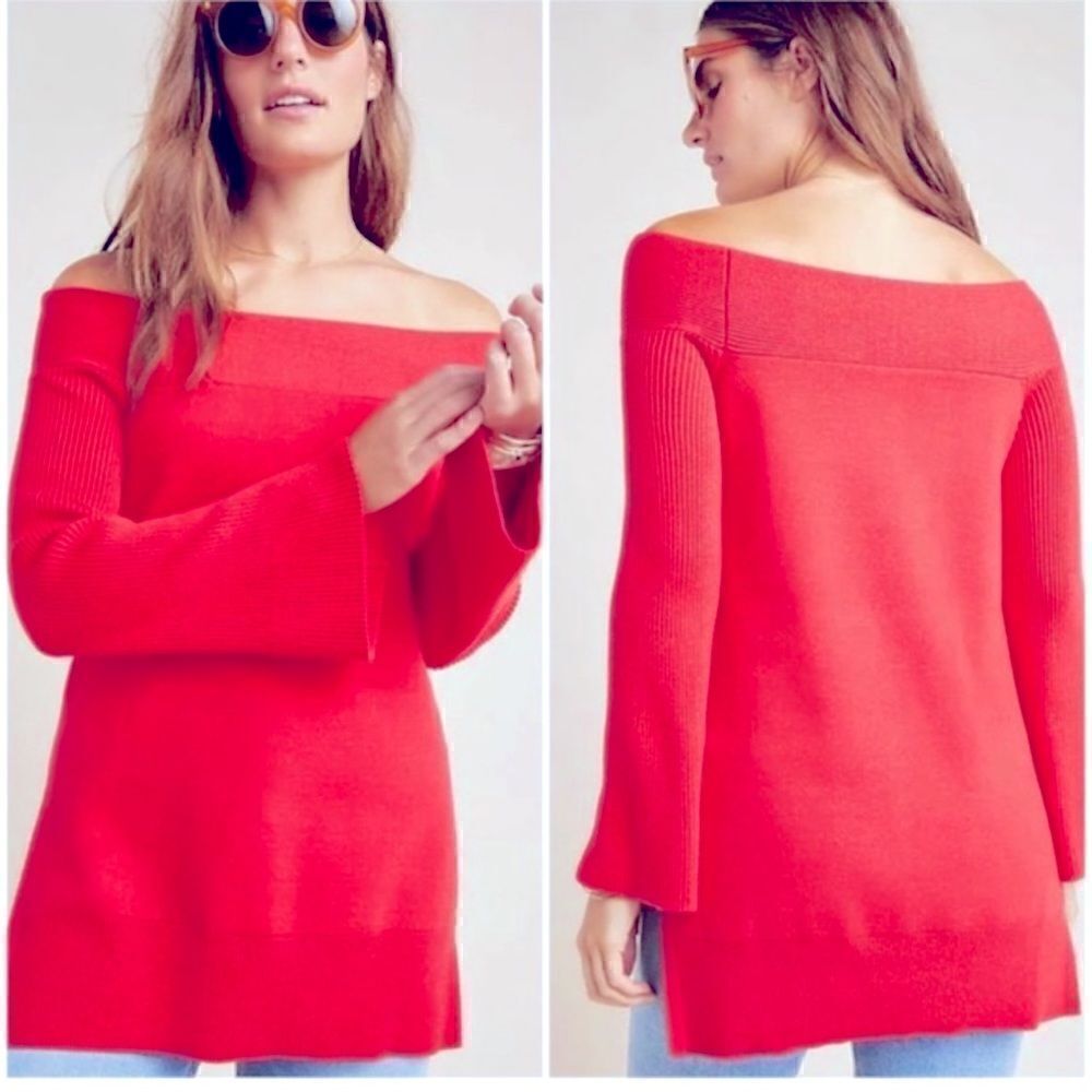 NWOT Anthropologie Off The Shoulder Pink Tunic Sweater Flare Sleeves High Low